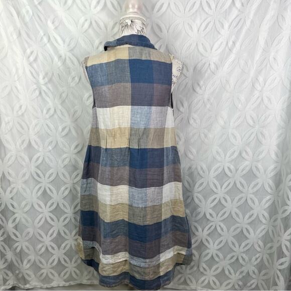 Yuvita Chambray Sleeveless Pintuck Plaid Linen Dress Lagenlook Blue Size S $148 - Picture 8 of 11